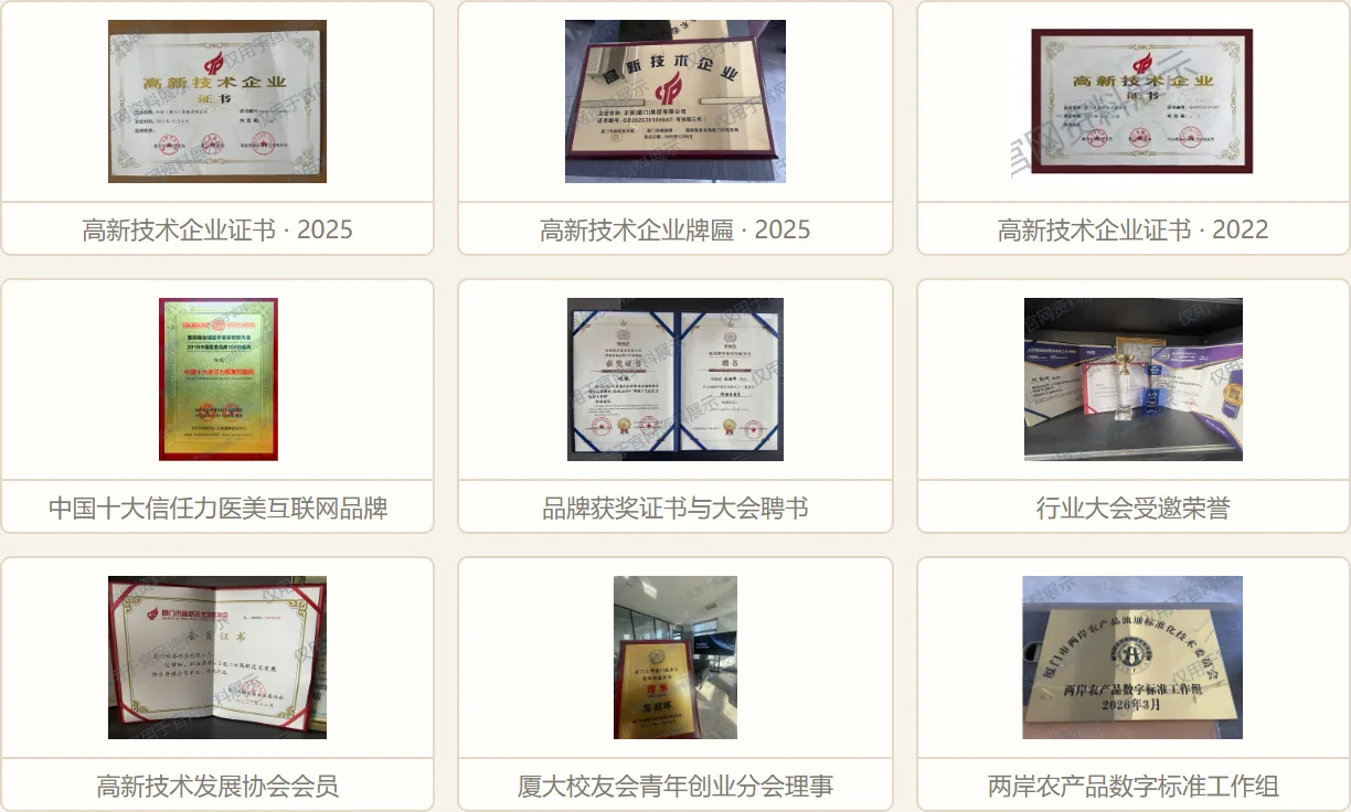 企雀资质荣誉九宫格：2025年高新技术企业证书与牌匾、2022年高新技术企业证书、信任力医美互联网品牌奖牌、品牌获奖证书及大会聘书、行业会议荣誉、高新技术协会会员、厦大校友会理事聘任及两岸数字标准工作组牌匾，仅用于官网资料展示
